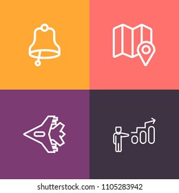 Modern, simple vector icon set on colorful background with growth, business, button, hand, airliner, motivation, success, alert, road, ring, location, man, call, human, development, pin, manager icons