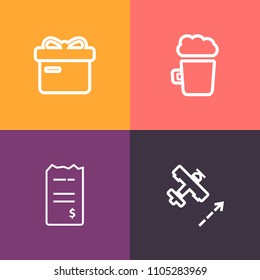 Modern, simple vector icon set on colorful background with beverage, cold, card, travel, bank, transportation, mug, financial, aviation, aircraft, payment, liquid, alcohol, box, holiday, xmas icons
