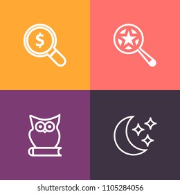 Modern, simple vector icon set on colorful background with information, magnifier, internet, sky, find, wild, navigation, button, look, drawing, lens, technology, sign, owl, nature, concept, fun icons