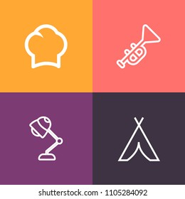 Modern, simple vector icon set on colorful background with hat, adventure, cooking, bugle, cook, food, chief, interior, brass, equipment, modern, bulb, light, landscape, trumpet, lamp, nature icons