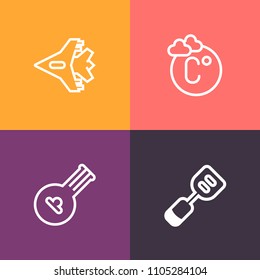 Modern, simple vector icon set on colorful background with instrument, art, season, cooking, tool, travel, measurement, music, temperature, plane, number, sound, jet, transportation, spatula icons