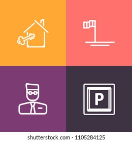 Modern, simple vector icon set on colorful background with transportation, blue, zone, urban, business, landscape, home, sign, agent, vehicle, traffic, mortgage, mexico, profile, concept, road icons