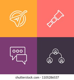 Modern, simple vector icon set on colorful background with culture, astronomy, star, wooden, music, business, message, company, telescope, bubble, string, astrology, nebula, galaxy, talk, planet icons