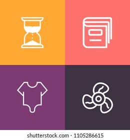 Modern, simple vector icon set on colorful background with book, cute, paper, ventilation, cooling, sign, measure, glass, cooler, sand, textbook, minute, wind, fan, education, hour, open, girl icons