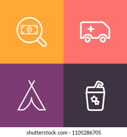 Modern, simple vector icon set on colorful background with emergency, service, glass, ambulance, button, juice, urgent, accident, nature, fresh, party, concept, web, adventure, internet, cold icons