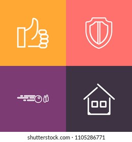 Modern, simple vector icon set on colorful background with secure, good, like, modern, protection, house, protect, strike, safe, thumb, construction, property, real, home, up, building, exterior icons