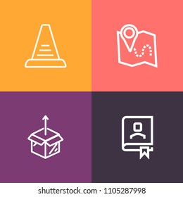 Modern, simple vector icon set on colorful background with ladder, direction, climb, staircase, up, shipping, house, navigation, cardboard, business, sign, address, box, street, rise, new, city icons