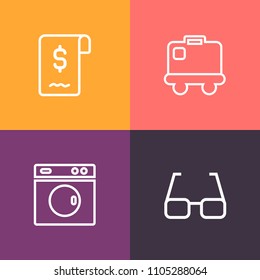 Modern, simple vector icon set on colorful background with optical, machine, housework, transport, modern, sign, frame, contract, eye, sale, discount, laundry, bag, clean, journey, baggage, lens icons