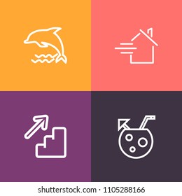 Modern, simple vector icon set on colorful background with residential, white, cocktail, wildlife, downstairs, property, jump, estate, home, life, sale, water, ocean, sea, dolphin, party, mammal icons