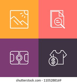 Modern, simple vector icon set on colorful background with store, landscape, goal, zoom, beautiful, stadium, tourism, look, photo, summer, t-shirt, play, football, game, background, purchase icons