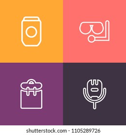 Modern, simple vector icon set on colorful background with professional, can, one, mask, sea, tin, singer, silver, snorkeling, snorkel, entertainment, person, passenger, pretty, sport, water icons