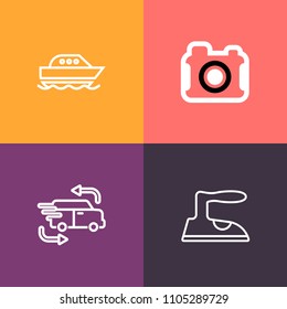 Modern, simple vector icon set on colorful background with boat, home, clothes, delivery, technology, photo, nautical, laundry, transportation, digital, film, blue, household, lens, yacht, shirt icons