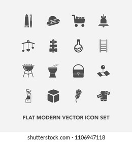 Modern, simple vector icon set with pin, commerce, hygiene, musical, newborn, bag, meat, toothpaste, spacecraft, barbecue, bottle, technology, communication, alert, pointer, location, toy, grill icons