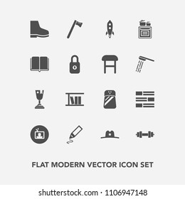 Modern, simple vector icon set with spice, hammer, fashion, wrench, screen, footwear, rocket, sheriff, fitness, cowboy, office, launch, book, seasoning, salt, gym, news, modern, equipment, pen icons