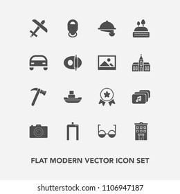 Modern, simple vector icon set with scan, xray, map, house, airplane, ocean, file, photographer, music, wrench, spanner, waiter, estate, award, food, achievement, boat, winner, place, service icons