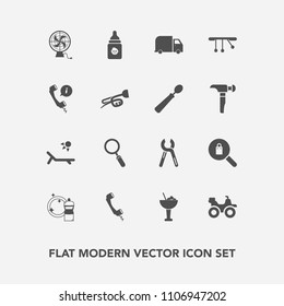 Modern, simple vector icon set with phone, center, alcohol, female, broom, plastic, fashion, food, equipment, headset, sunny, milk, sign, road, repair, clothes, industrial, woman, delivery, zoom icons