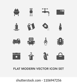 Modern, simple vector icon set with mail, fun, meat, futuristic, barbecue, robot, truck, space, star, event, baby, animal, clothing, letter, penguin, internet, bathroom, toy, birthday, clown icons