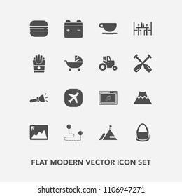 Modern, simple vector icon set with flashlight, element, snack, battery, cup, white, french, destination, food, full, stroller, drink, music, travel, airplane, map, electric, mountain, nature icons