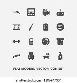 Modern, simple vector icon set with soap, equipment, airplane, ball, armchair, signal, pram, plane, antenna, sound, video, telephone, travel, communication, radio, stationary, furniture, fashion icons
