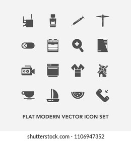 Modern, simple vector icon set with table, desk, traditional, boat, business, office, phone, mill, needle, cup, drink, deactivate, cappuccino, cafe, switch, film, oven, power, xray, wind, coffee icons