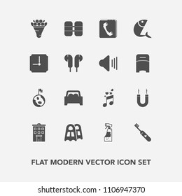 Modern, simple vector icon set with space, equipment, hygiene, brush, sport, note, magnet, floral, planet, oxygen, musical, nature, car, decoration, building, cylinder, estate, bottle, business icons