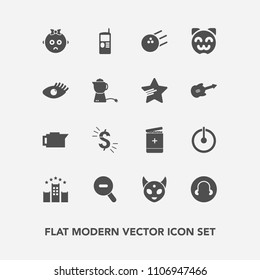 Modern, simple vector icon set with cafe, usd, monster, power, ball, sad, vacation, coffee, bed, fiction, button, face, caffeine, kitty, cell, kid, cat, fun, sport, pin, mobile, espresso, cute icons