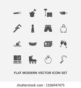 Modern, simple vector icon set with alcohol, agriculture, dinner, gardening, organic, garden, flashlight, fun, life, glass, summer, graph, sofa, tool, music, apple, sickle, sound, healthy, food icons
