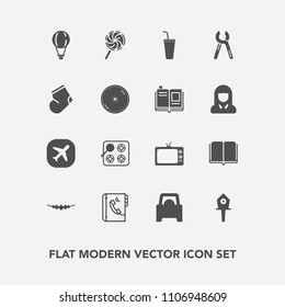 Modern, simple vector icon set with parachute, food, library, candy, internet, accessory, airplane, lollipop, birdhouse, extreme, screen, industrial, spring, repair, phone, travel, vehicle, oven icons