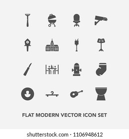 Modern, simple vector icon set with percussion, grill, clothes, nest, avatar, music, spring, church, security, interior, armchair, business, socks, barbecue, house, fashion, chair, coffee, water icons