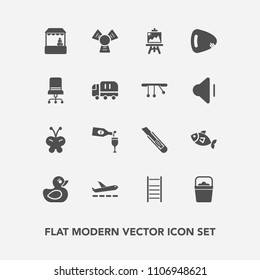 Modern, simple vector icon set with furniture, child, play, chair, handle, fish, airport, art, grocery, travel, cutter, water, musical, red, guitar, cooler, comfortable, shop, butterfly, glass icons