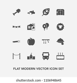 Modern, simple vector icon set with fruit, construction, fence, sweet, tower, fish, nature, waitress, lamp, transportation, transport, background, cake, bus, pie, pendulum, equipment, cleaner icons