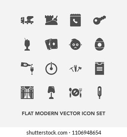 Modern, simple vector icon set with glass, alcohol, off, game, curtain, cocktail, phone, home, temperature, knife, plate, construction, play, mixer, spoon, red, poker, package, concrete, tower icons