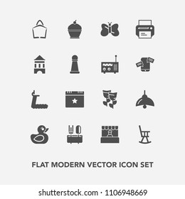 Modern, simple vector icon set with spoon, blossom, celebration, cake, supermarket, duck, flower, gym, nature, toy, restaurant, event, sport, food, sale, treadmill, beauty, furniture, pie, star icons