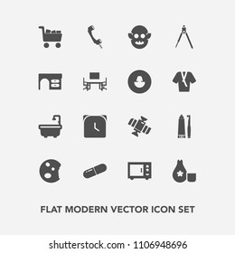 Modern, simple vector icon set with food, sign, medicine, oven, cart, monster, orbit, doughnut, minute, phone, medical, alien, dessert, dental, health, clock, cake, cuisine, sake, japan, hygiene icons