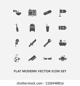 Modern, simple vector icon set with globe, drink, location, wine, fork, medical, wrench, mic, education, bath, modern, kitchen, spanner, earth, space, smart, exploration, baby, medicine, audio icons