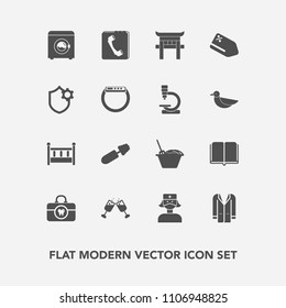 Modern, simple vector icon set with style, health, jacket, coat, sale, drink, machine, discount, child, home, phone, textbook, outfit, makeup, alcohol, bed, chinese, book, baby, mascara, brush icons