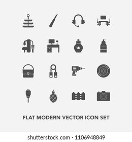 Modern, simple vector icon set with pineapple, hand, camera, work, equipment, knife, technology, sound, music, speaker, tire, tropical, exotic, business, city, presentation, training, desk, auto icons