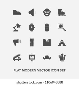 Modern, simple vector icon set with audio, headwear, clothing, monster, new, travel, white, game, up, outdoor, ufo, camp, cold, king, document, sound, lamp, footwear, volume, music, shirt, hat icons