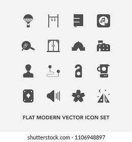 Modern, simple vector icon set with extreme, athlete, sakura, jump, parachuting, play, volume, sound, destination, cooking, sky, user, flower, camp, hotel, motel, label, book, position, up, tent icons