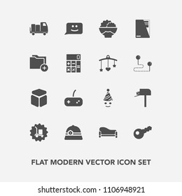 Modern, simple vector icon set with accounting, warehouse, mail, interior, package, play, game, home, grain, face, cube, clown, truck, rice, joystick, key, agriculture, food, box, calculator icons