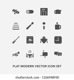 Modern, simple vector icon set with space, message, office, music, family, hour, dinner, machine, food, robot, repair, clock, turn, off, mailbox, deactivate, talk, orbit, mail, construction, box icons