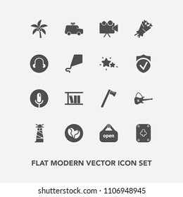 Modern, simple vector icon set with tropical, car, childhood, tool, game, wrench, floral, guitar, book, beacon, music, sign, white, hammer, equipment, palm, microphone, poker, ocean, toy, open icons