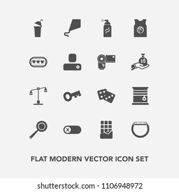 Modern, simple vector icon set with dice, justice, gambling, chocolate, judge, cup, kite, street, key, law, turn, drink, paint, grunge, watch, home, joy, interior, room, summer, kitchen, gadget icons