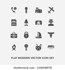 Modern, simple vector icon set with cocktail, flame, sign, boat, sausage, support, brush, food, meat, hot, voice, drink, house, campfire, city, music, ship, clean, headset, call, conditioner icons