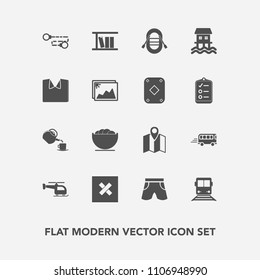 Modern, simple vector icon set with transportation, closed, new, wear, cup, dish, bowl, image, map, speed, frame, play, train, library, helicopter, flight, chain, list, sign, template, boat, pin icons