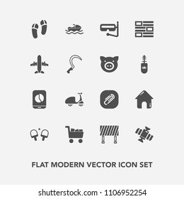 Modern, simple vector icon set with mobile, sea, water, travel, boat, tennis, sport, cart, chart, house, footwear, estate, news, orbit, paper, real, airplane, snorkel, space, technology, street icons