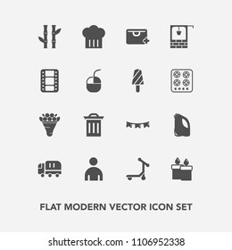 Modern, simple vector icon set with vehicle, bag, fire, asia, male, flag, stone, nature, happy, decoration, old, scooter, background, bucket, truck, chief, celebration, can, floral, man, trash icons