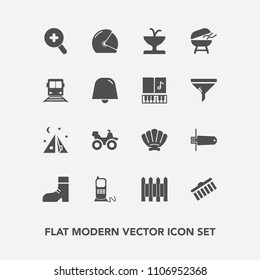 Modern, simple vector icon set with wall, card, telephone, travel, dirt, brush, fence, boot, quad, motorbike, fountain, foot, adventure, fashion, extreme, collection, helmet, tent, sea, marine icons