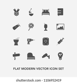 Modern, simple vector icon set with food, direction, sweet, science, hand, restaurant, machine, meal, winner, work, game, soup, poker, camera, award, sign, music, percussion, way, paper, spoon icons