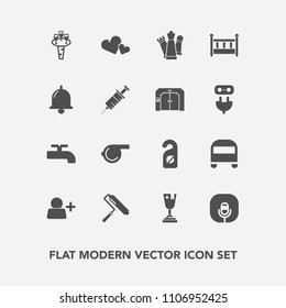 Modern, simple vector icon set with wine, game, privacy, roll, music, roller, label, water, hotel, first, transportation, sport, object, winner, whistle, crane, sign, alcohol, radio, transport icons